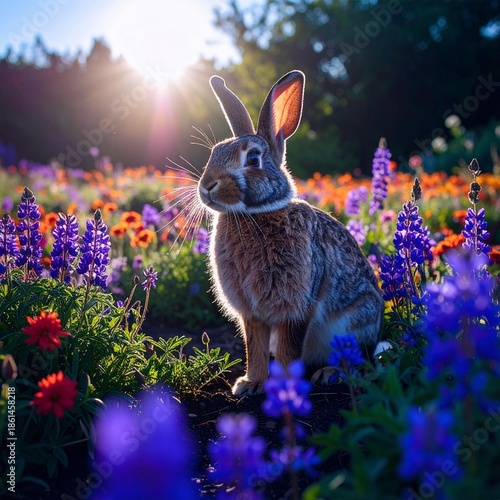 rabbit in a beautiful flower garden