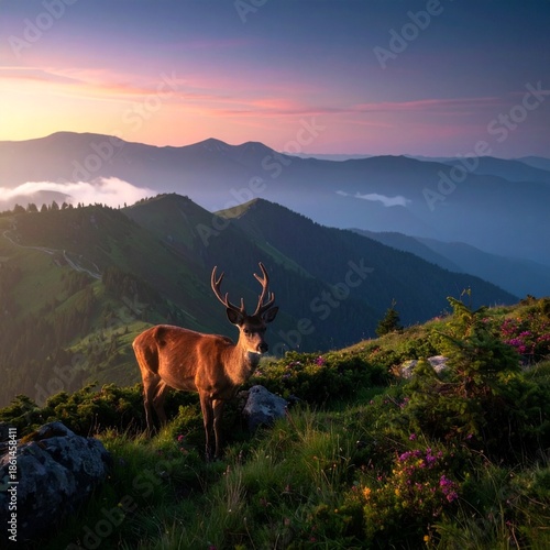 deer on the mountains with beautiful fog