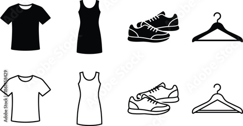 Clothing and footwear silhouette icon set, t shirt dress shoes hanger collection, fashion apparel symbols, vector illustration