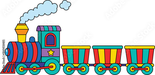 Colorful cartoon toy train illustration, cute locomotive with wagons, kids transportation concept, playful nursery design, bright vector art