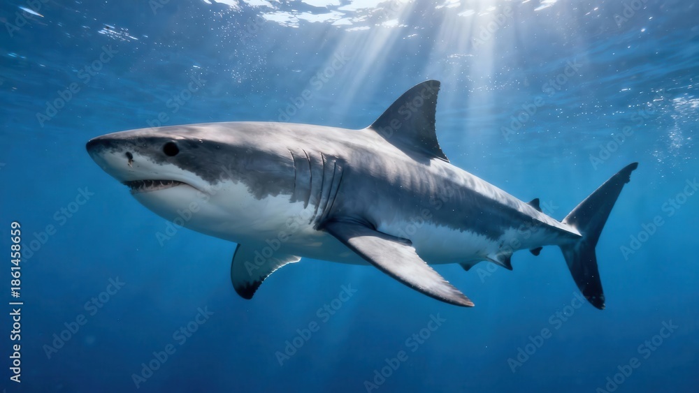 Fototapeta premium Powerful Great White Shark swimming underwater in the deep blue ocean illuminated by bright surface sunbeams.