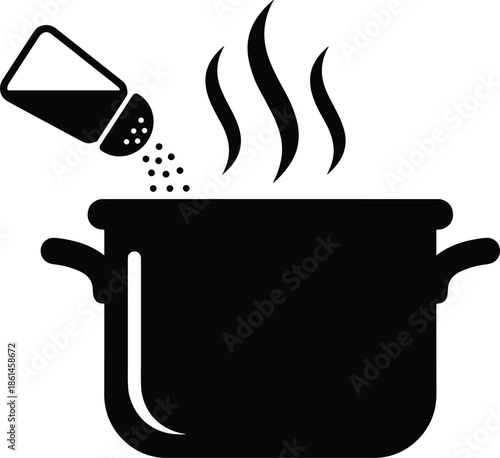 Cooking pot with steam and seasoning salt icon, kitchen food preparation concept, boiling soup silhouette illustration, culinary symbol graphic