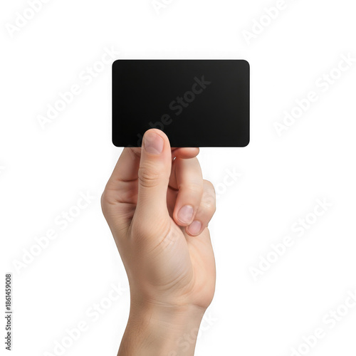Hand holding a blank black card isolated on transparent background