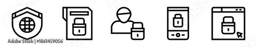 Pack de iconos de seguridad digital. Protección global, archivos seguros, usuario protegido, móvil seguro y navegación. Diseño vectorial lineal