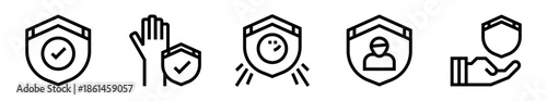 Pack de iconos de protección y seguridad. Escudo aprobado, bloqueo preventivo, protección positiva, usuario seguro y defensa activa. Diseño vectorial lineal