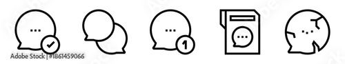 Pack de iconos de chat y mensajes. Conversación aprobada, mensajes dobles, notificación nueva, chat archivado y mensaje fallido. Diseño vectorial lineal