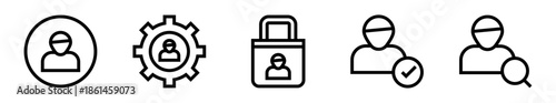 Pack de iconos de gestión de usuario. Perfil básico, usuario con configuración, usuario seguro, aprobado y analizado. Diseño vectorial lineal