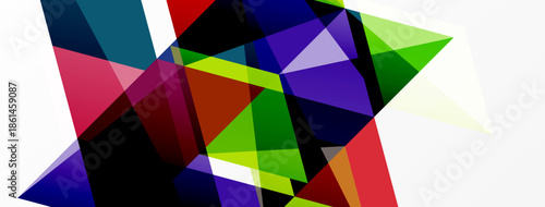 Abstract geometric composition. Overlapping colorful triangles create dynamic visual texture. Bright hues dominate white background.