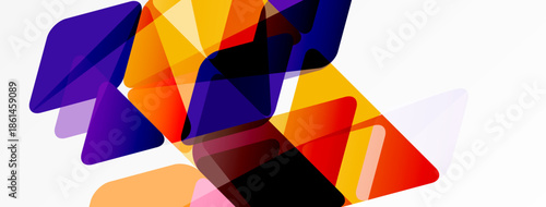 Abstract geometric shapes overlap, creating vibrant color blends. Dynamic composition with translucent layers, modern design aesthetic.