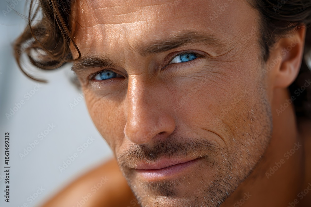 Fototapeta premium Close-up portrait of a handsome young man with striking blue eyes and freckled skin. Intense gaze, wavy brown hair, and a natural, sun-kissed look. Clear, detailed focus. 