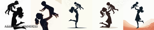 Silhouette of a Happy Mother Lifting a Child Vector Illustration