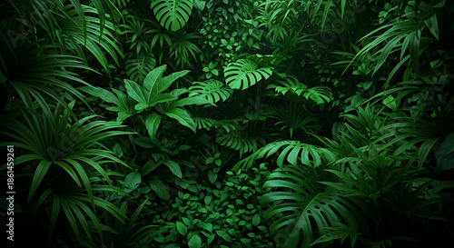 Lush green foliage creates a dense and vibrant jungle backdrop, featuring a variety of tropical plants with broad leaves and intricate textures, evoking a sense of natural abundance and tranquility