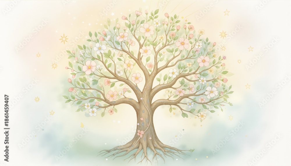 Obraz premium A soft watercolor illustration of a Tree of Life, decorated with delicate flowers and small stars in the background—symbolizing growth, peace, and divine connection. 