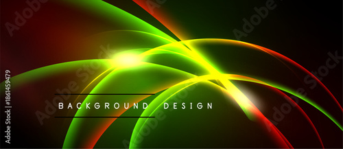 Dynamic abstract background features vibrant curves, glowing light effects. Red, green, yellow hues create energetic visual impact. Design elements suggest motion, depth.