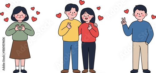 Cute love couple cartoon illustration, happy boyfriend girlfriend characters, romantic hearts, valentine relationship concept, flat colorful vector style