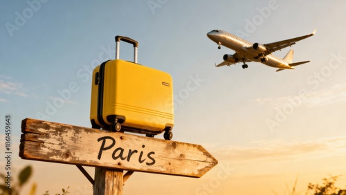 Paris Adventure Beckons Yellow Luggage and Incoming Flight