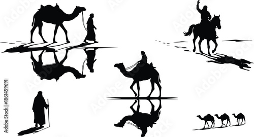 Desert nomad silhouettes, with camel caravan traveler rider reflections, isolated white background, traditional arabian culture illustration vector set desert journey