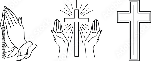 Christian Prayer Hands and Cross Icon Set with Worship and Faith Symbols for Church Media, Religious Education, Spiritual Designs, and Christian Graphic Projects