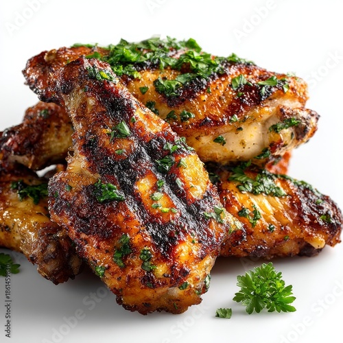 Stack of Delicious Grilled Chicken Wings Sprinkled with Fresh Parsley, Served on White Plate Background, Appetizing Food Photography.