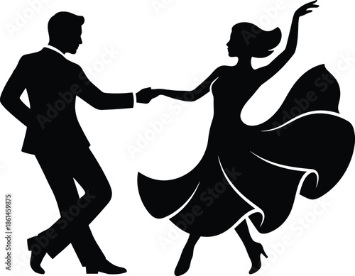 Elegant dancing couple silhouettes, romantic ballroom dance pose, man and woman partnership, love celebration concept, isolated black vector