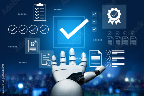 A robotic hand reaches out in a digital environment, surrounded by checkmarks and documents, symbolizing automation and advanced technology in a modern setting. Gantry © InfiniteFlow