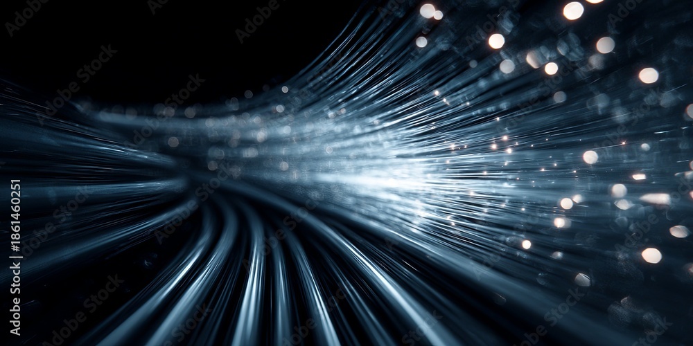 Fototapeta premium A clean, long exposure shot of the clean, fluid movement of light streams (abstract data flow) rushing through a dark server room/optical cable, bandwidth, speed, pure en