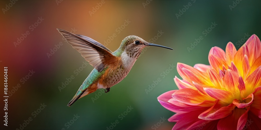 Fototapeta premium A clean, long exposure shot of the clean, fluid movement of a hummingbird hovering around a bright flower (smooth blur of the wings), speed, pure energy, cinematic light,