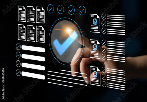 Canvas Print Conceptual illustration of digital document management with checklists and approval icons, representing efficiency and organization in business processes today