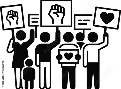 Equality protest illustration with people holding signs, raised fist and heart symbols, human rights, social justice activism concept