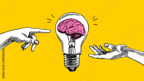 Trendy halftone collage of sketch hands with glowing bulb and brain. Idea concept. Startup, creativity, education, e-learning, innovation, coworking design. Hand drawn retro vector illustration.