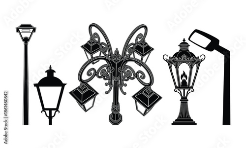 Collection of antique street lamp silhouettes