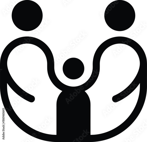 Family care unity icon, parents protecting child symbol, community support illustration, togetherness love concept, social protection logo