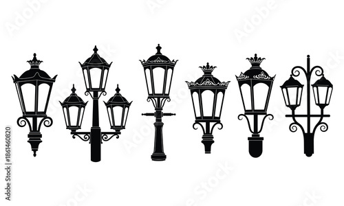 Collection of antique street lamp silhouettes