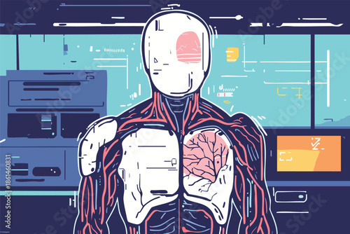 An artistic illustration depicts a human figure with internal organs visible, showcasing a stylized representation of anatomy and medical concepts within a futuristic laboratory setting.