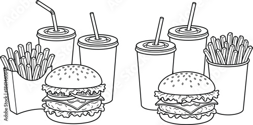 Fast food meal line art illustration, burger fries soda cups combo, black and white outline, restaurant takeaway vector drawing