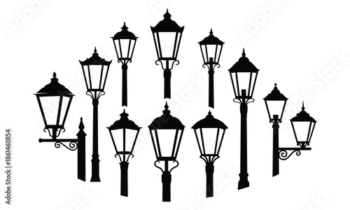 Collection of antique street lamp silhouettes