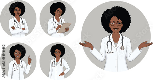 Female doctor character set illustration, medical professional poses, healthcare worker avatar collection, diverse physician cartoon vector design