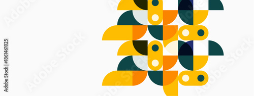 Abstract geometric pattern. Circles, semicircles, shapes overlap creating modern design. Yellow, teal, white colors dominate composition.