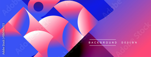 Abstract geometric shapes overlap. Vivid pinks, blues create dynamic gradient effect. Modern design suitable for banners, backgrounds.