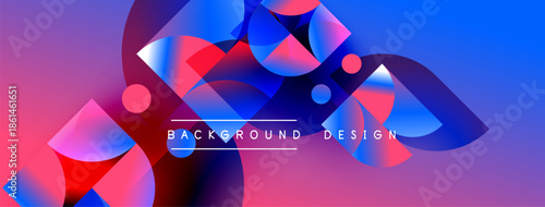 Abstract design features overlapping colorful circles, gradients. Purple, blue, red hues create dynamic visual effect. Text reads background design.
