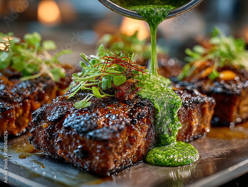 a delicious-looking dish, likely a steak, being drizzled with a vibrant green sauce. The steak is garnished with fresh herbs and appears to be cooked to perfection.