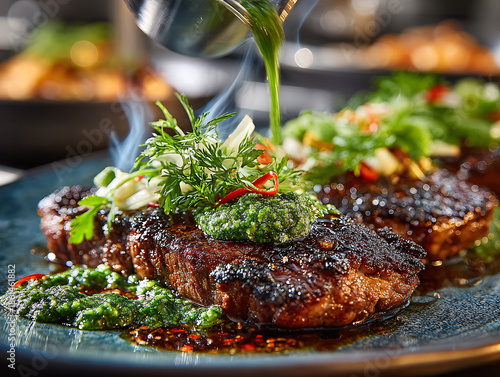 a delicious-looking dish, likely a steak, being drizzled with a vibrant green sauce. The steak is garnished with fresh herbs and appears to be cooked to perfection.