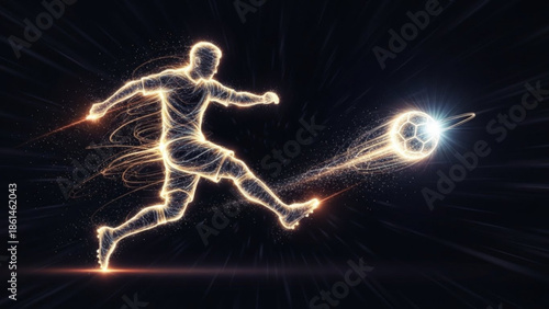 Dynamic soccer player kicking ball with glowing neon effect