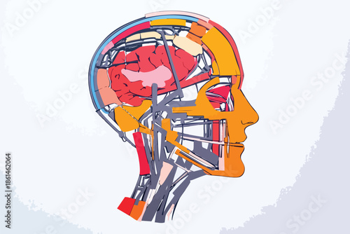 An illustrative diagram showcases a side profile of a human head, revealing the intricate internal structures of the brain and circulatory system, rendered in a vibrant, colorful, and informative
