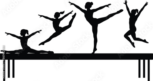Gymnastics silhouette sequence illustration, female athlete balance beam routine, sport movement poses, black white vector fitness concept art