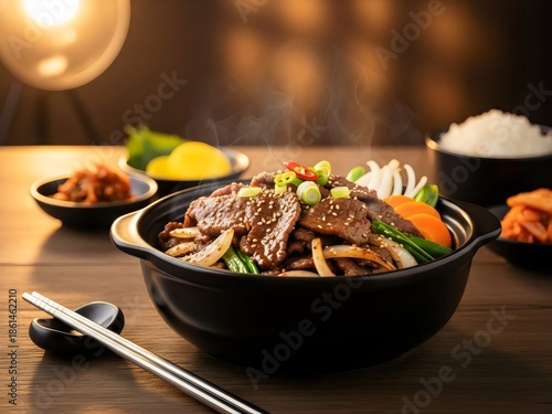 Delicious steaming Korean bulgogi beef in a black bowl with fresh vegetables, served with rice and traditional side dishes on a wooden table, ready to eat.