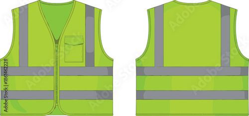 High visibility safety vest front and back view, reflective workwear illustration for construction, industrial safety, road workers, isolated design