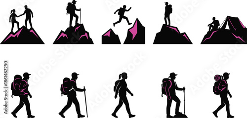 Hiking and trekking silhouette collection, adventurous backpacker climbers on mountains, outdoor travel exploration scenes, black vector illustration set