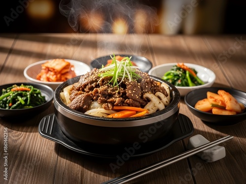 Steaming Korean Bulgogi hot pot with various banchan side dishes and chopsticks on a rustic wooden table, showcasing authentic Asian cuisine.