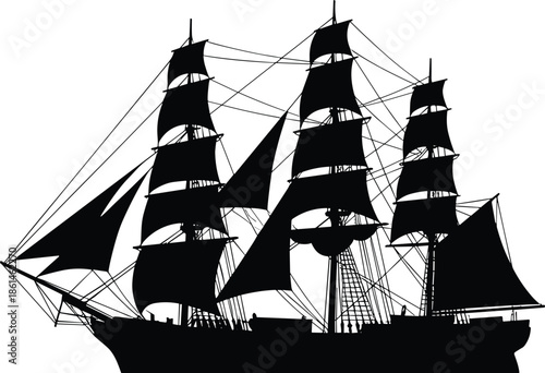 Historic sailing ship silhouette, tall ship with sails, vintage maritime vessel, nautical transport, classic sea travel illustration, isolated black vector